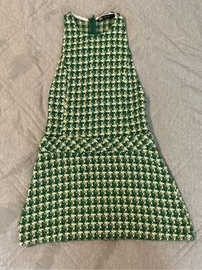 Zara Green and White Houndstooth Mini Dress